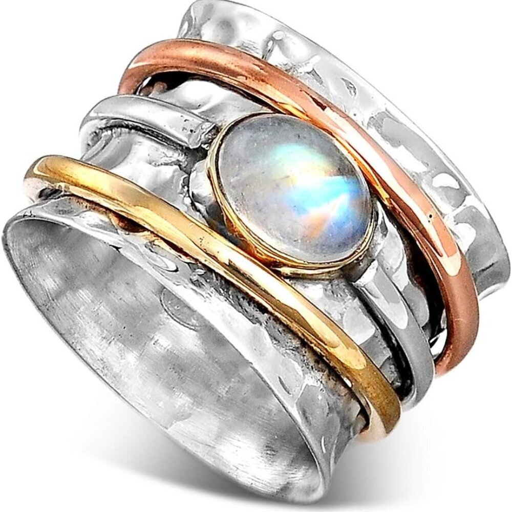 925 Sterling Silver Spinner Moonstone Ring for Women with Copper and Brass Fidge